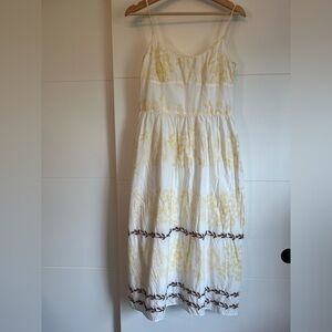 LOFT White Maxi Dress with Yellow Floral and Brown Trim